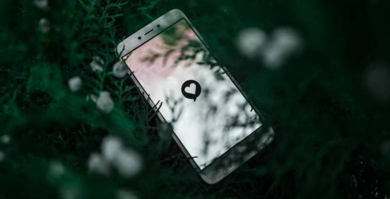 Mobile phone resting in a bush with heart on screen