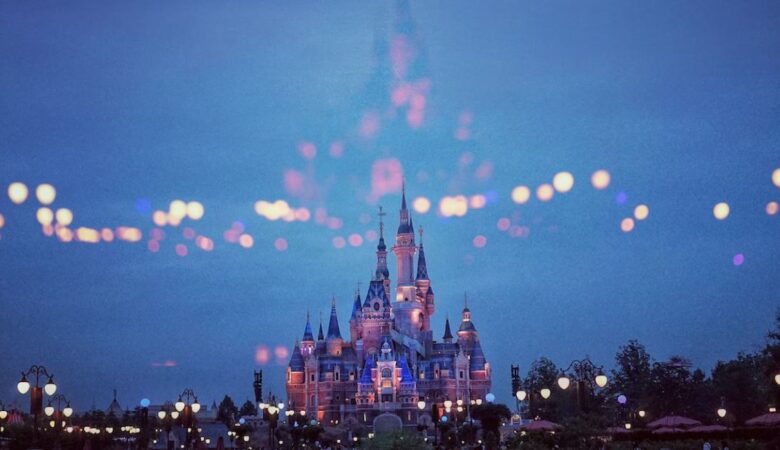 Disney castle at sunset